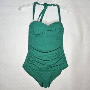 New Heidi Green Black Oslo Ruched Bandeau One Piece Swimsuit Size L